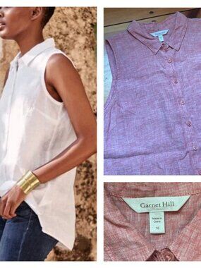 GARNET HILL 16 Pink European Flax Easy Linen Button-Down Tank Long Fit